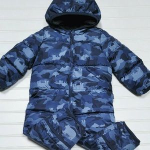 GAP Blue Camouflage Puffer Jacket Hooded Insulated